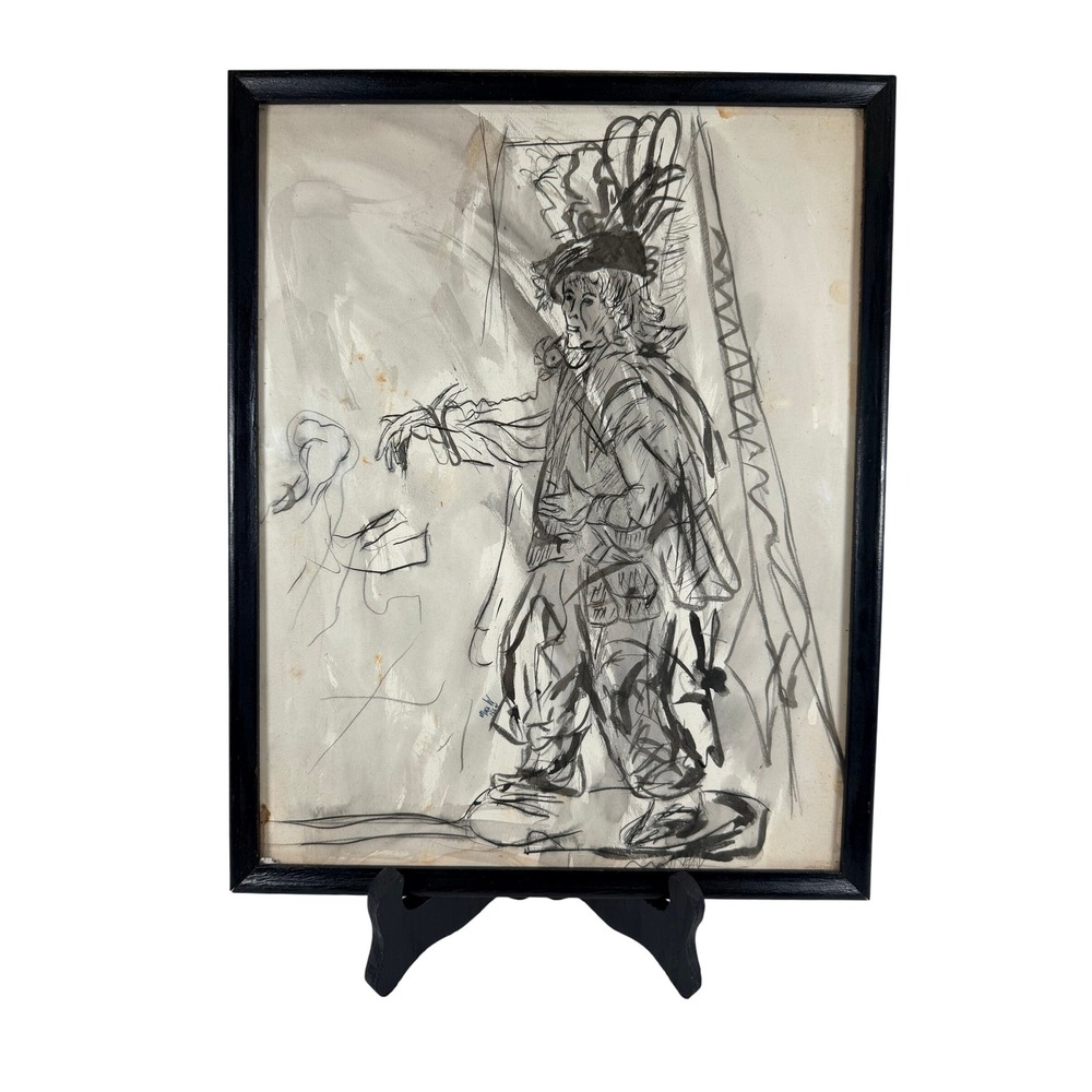 Vintage Framed Charcoal Sketch Drawing of a Person in Costume Signed Mike W 1972